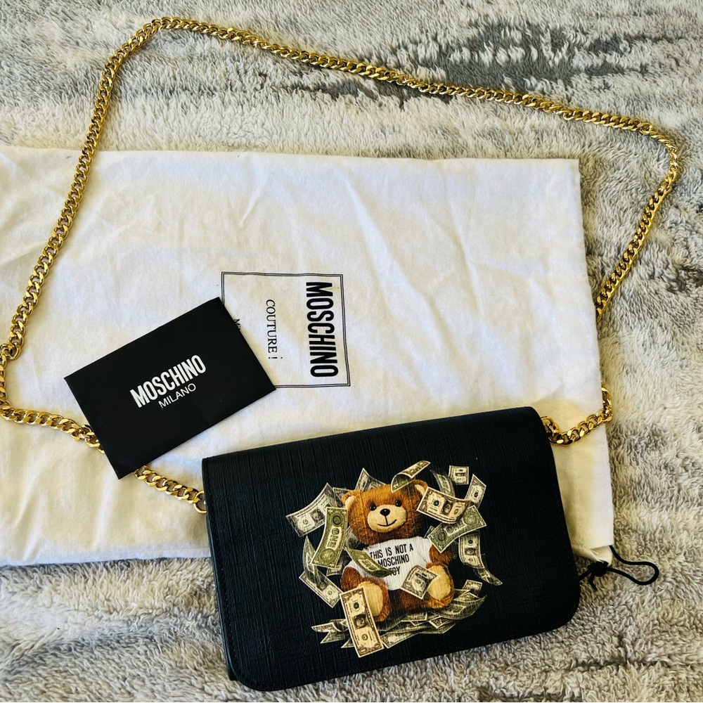 Moschino Black Bag with Teddy Bear and Gold Chain